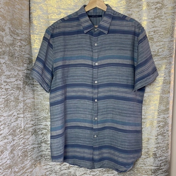 Perry Ellis blue striped short sleeve men’s shirt size L - Picture 2 of 11